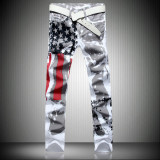 Flag printed jeans high elastic fit casual Pentagram red stripe large pants
