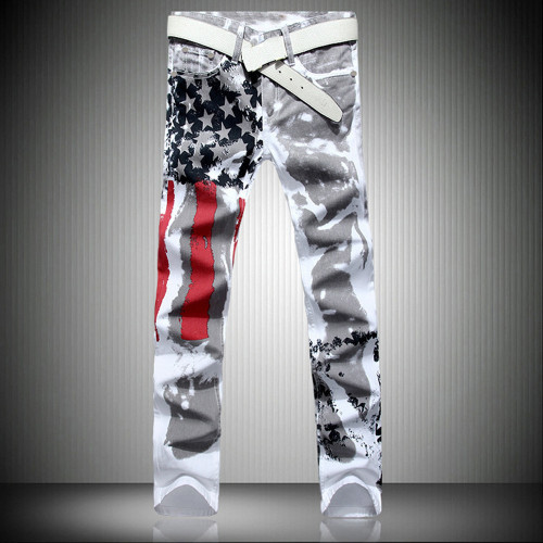 Flag printed jeans high elastic fit casual Pentagram red stripe large pants