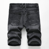 Denim stretch shorts with holes, slim fit, small straight tube men's black gray five point denim shorts