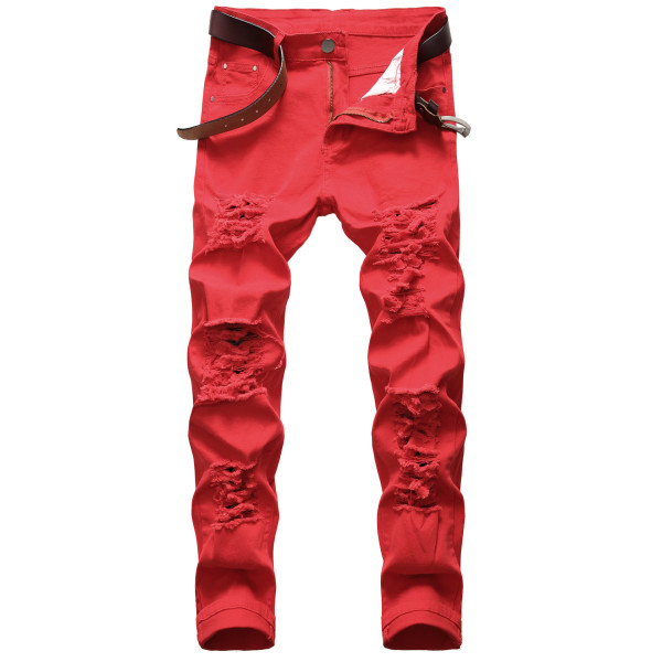 Casual large hole stretch pants, slim fitting denim, men's multi hole white pants