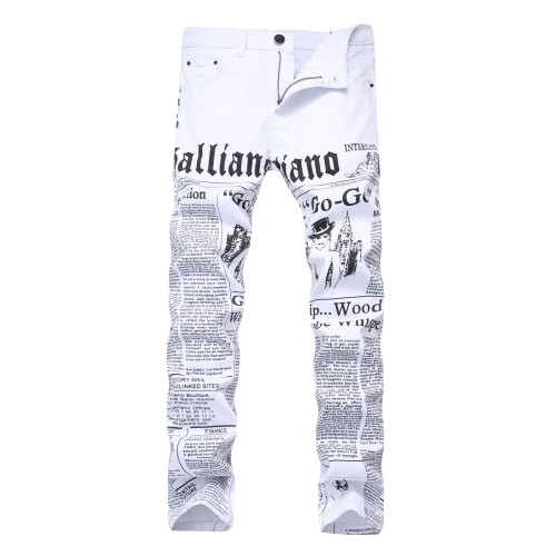 White printed jeans with letters in English printed elastic slim fitting casual men's pants