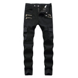 Motorcycle denim casual black pants with zipper decoration men's stretch pants