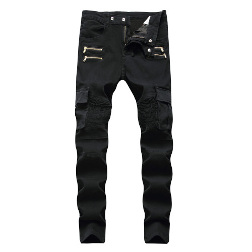 Motorcycle denim casual black pants with zipper decoration men's stretch pants