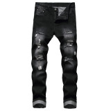 Perforated straight fitting bulletless jeans, tattered men's light denim pants