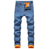 Plush composite warm jeans with straight fitting and thickened men's denim pants