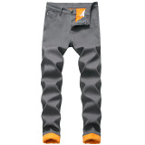 Plush composite warm jeans with straight fitting and thickened men's denim pants
