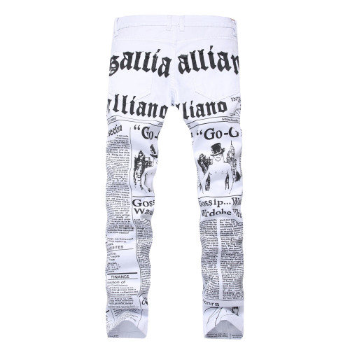 White printed jeans with letters in English printed elastic slim fitting casual men's pants