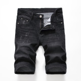 Denim stretch shorts with holes, slim fit, small straight tube men's black gray five point denim shorts