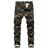 Camo Jeans Personalized Men's Slim Fit Elastic Army Green Printing Casual Pants