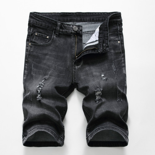 Denim stretch shorts with holes, slim fit, small straight tube men's black gray five point denim shorts