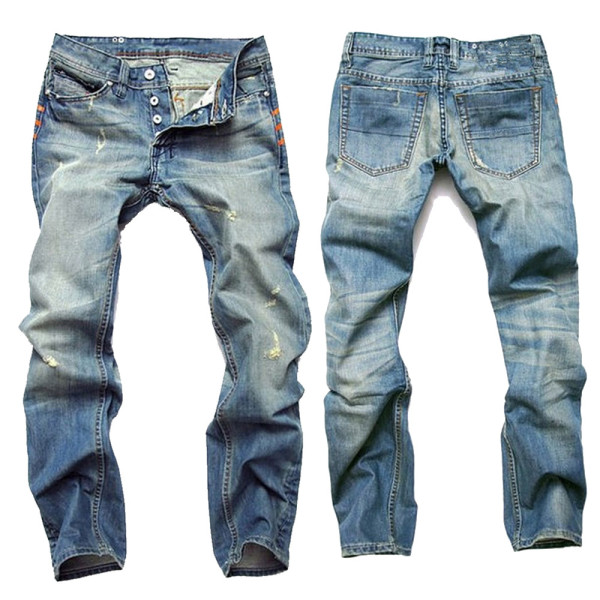 Distressed nostalgic jeans Baby blue straight slim button men's jeans