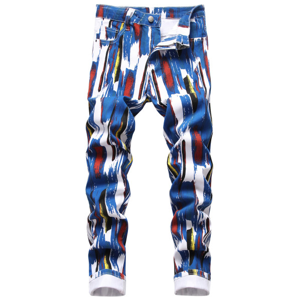 3D printed stretch jeans with personalized patterns trendy casual men's slim fitting denim pants