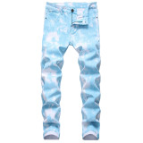 Colorful stretch denim casual pants, slim fitting printed men's split bone pants