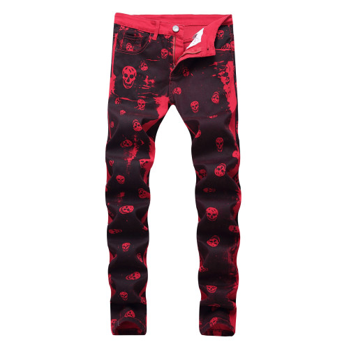 3D printed stretch jeans with personalized patterns trendy casual men's slim fitting denim pants