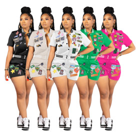 Badge Print Two Piece Button Baseball Elastic Thread Set