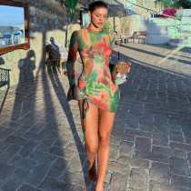 Sexy Hollow Tie Dyed Flare Sleeve Short Skirt