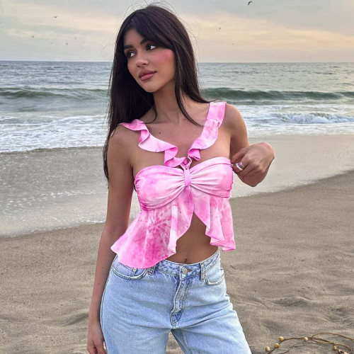 Ruffle Edge Fashion Tie Dye Sexy Slim Fit Strap Wrap Tank Top