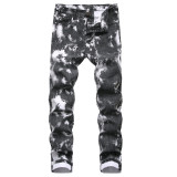 Colorful stretch denim casual pants, slim fitting printed men's split bone pants