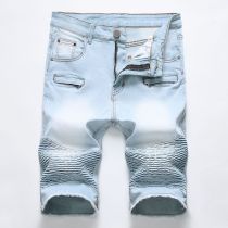 Denim shorts, motorcycle zipper, wrinkled men's denim elastic pants, quarter pants Denim shorts, motorcycle zipper, wrinkled men's denim elastic pants, quarter pants