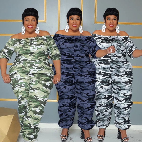 Camo printed one line collar women's jumpsuit