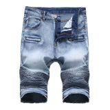 Denim shorts, motorcycle zipper, wrinkled men's denim elastic pants, quarter pants