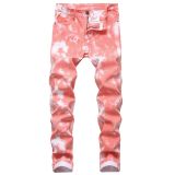 Colorful stretch denim casual pants, slim fitting printed men's split bone pants