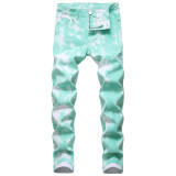 Colorful stretch denim casual pants, slim fitting printed men's split bone pants
