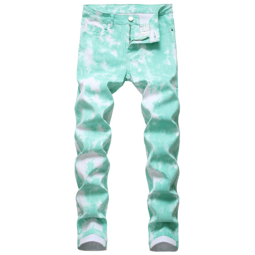 Colorful stretch denim casual pants, slim fitting printed men's split bone pants
