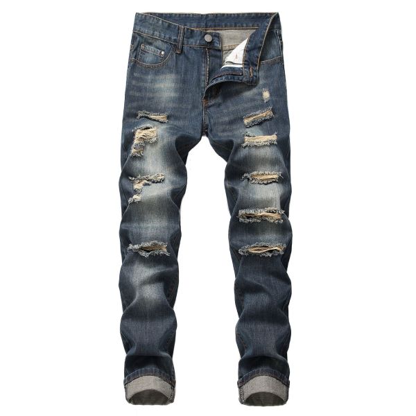 Perforated straight fitting bulletless jeans with multiple tattered men's pants