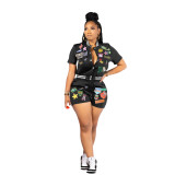Badge Print Two Piece Button Baseball Elastic Thread Set