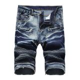 Denim shorts, motorcycle zipper, wrinkled men's denim elastic pants, quarter pants