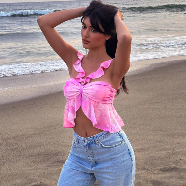 Ruffle Edge Fashion Tie Dye Sexy Slim Fit Strap Wrap Tank Top
