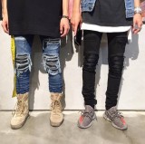 Perforated Black Feng Slim Fit Small Feet Jeans for Men's Skinny Elastic Men's Pants