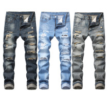 Perforated straight fitting bulletless jeans with multiple tattered men's pants