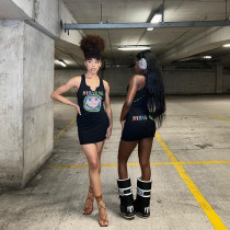 Smiling face hot stamping printed vest dress front and back hot stamping elastic fabric popular dress Smiling face hot stamping printed vest dress front and back hot stamping elastic fabric popular dress