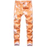Colorful stretch denim casual pants, slim fitting printed men's split bone pants