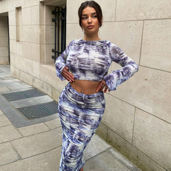 Printed Open Back Long Sleeve Top Slim Fit Pleated Half Skirt Set