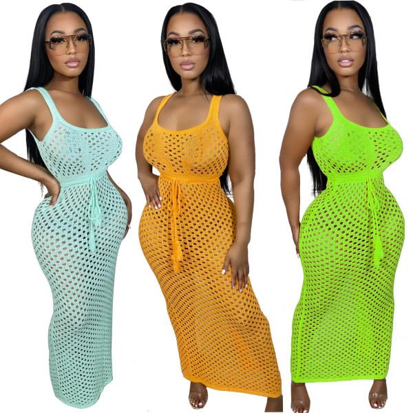Hollow out slim fitting sexy knit mesh sleeveless dress