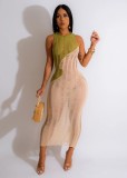 Casual sleeveless color matching knitted beach skirt