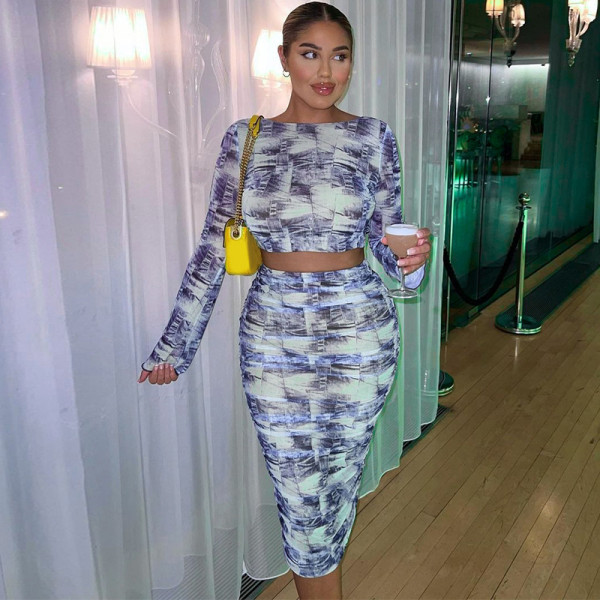 Printed Open Back Long Sleeve Top Slim Fit Pleated Half Skirt Set