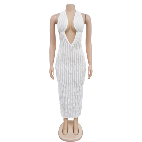 Fashion Women's Solid Color Hollow Wave Pattern Long Dress Dress
