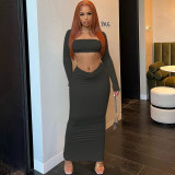 Solid sexy chest wrap square neck long sleeved navel exposed half length skirt fashion casual set