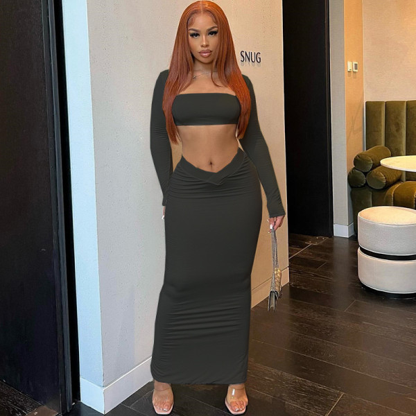 Solid sexy chest wrap square neck long sleeved navel exposed half length skirt fashion casual set