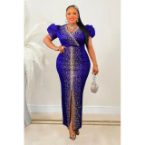 Fashion Women's Hot Diamond Bubble Sleeve Elastic V-Neck Long Dress Dress
