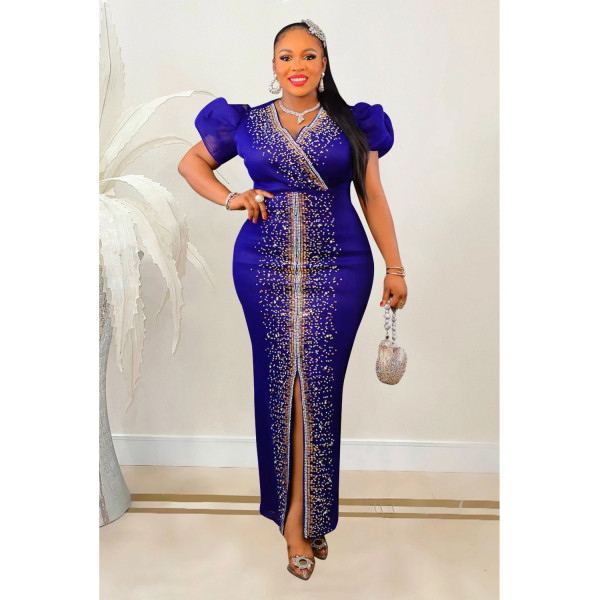 Fashion Women's Hot Diamond Bubble Sleeve Elastic V-Neck Long Dress Dress