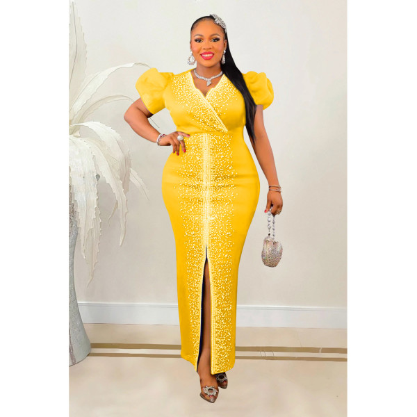 Fashion Women's Hot Diamond Bubble Sleeve Elastic V-Neck Long Dress Dress