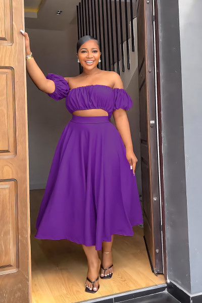 One line collar, bra, high waist, A-line long skirt, spring and summer women's two-piece set