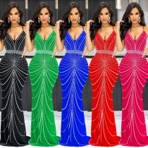 Women's solid color suspender sleeveless hot diamond backless long dress dress Women's solid color suspender sleeveless hot diamond backless long dress dress