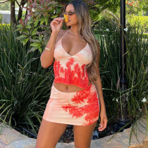 Fashion Print Sexy Wrap Chest Strap Small Tank Top Half Dress Two Piece Set