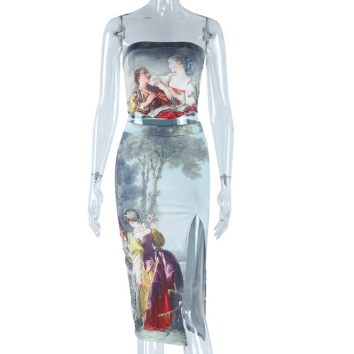 Fashion Character Print Sexy Open Back Wrapped Chest Split Skirt Wrapped Hip Half Skirt Two Piece Set